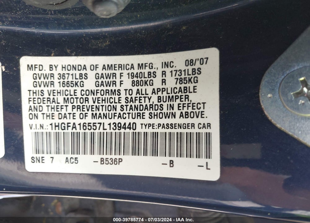 2007 HONDA CIVIC LX VIN: 1HGFA16557L139440