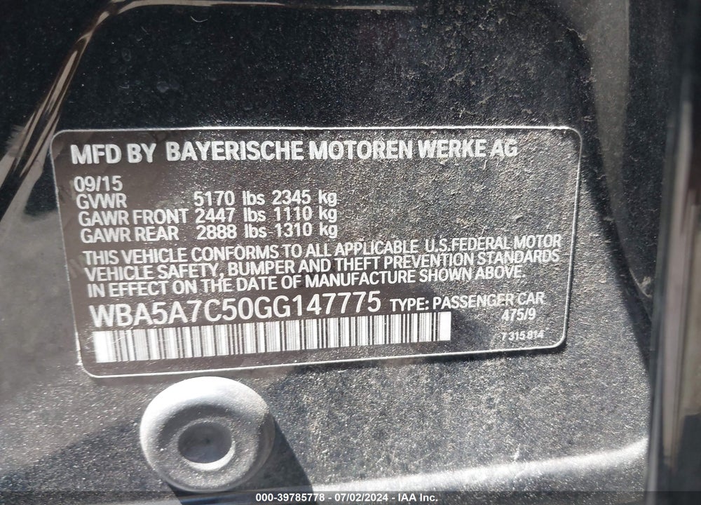 2016 BMW 528I VIN: WBA5A7C50GG147775
