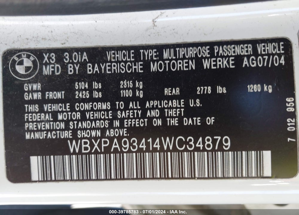 2004 BMW X3 3.0I VIN: WBXPA93414WC34879