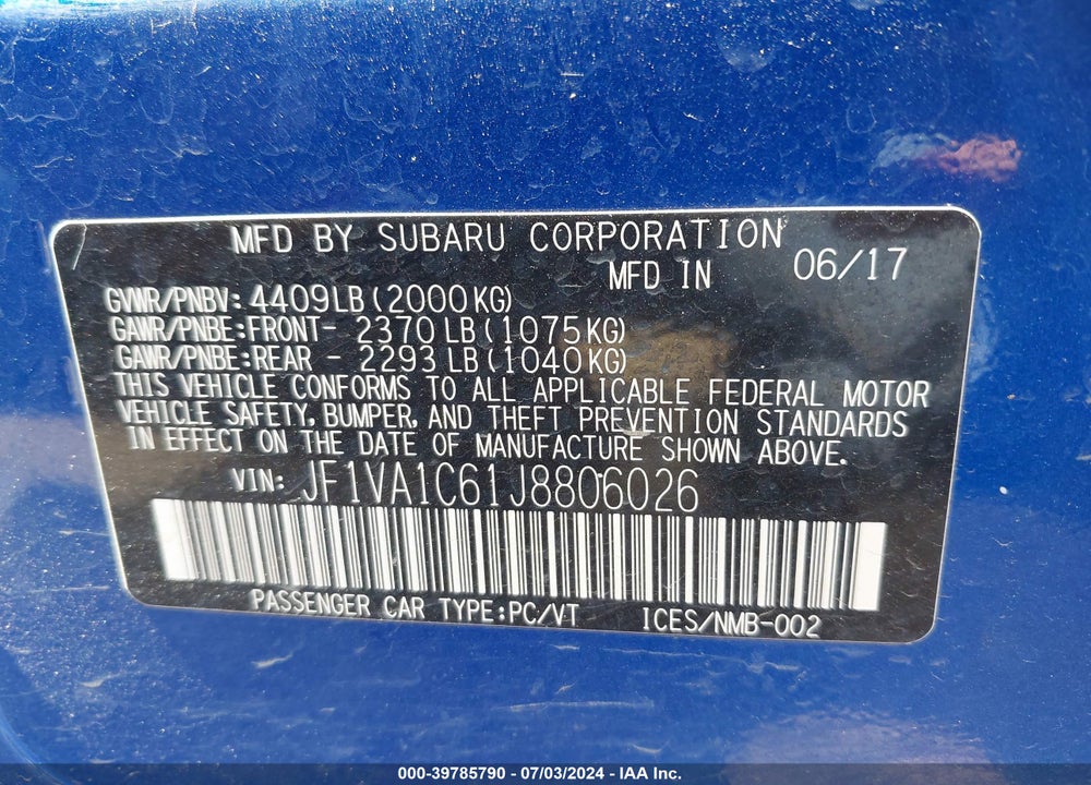 2018 SUBARU WRX PREMIUM VIN: JF1VA1C61J8806026