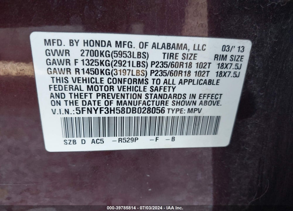 2013 HONDA PILOT EX-L VIN: 5FNYF3H58DB028056