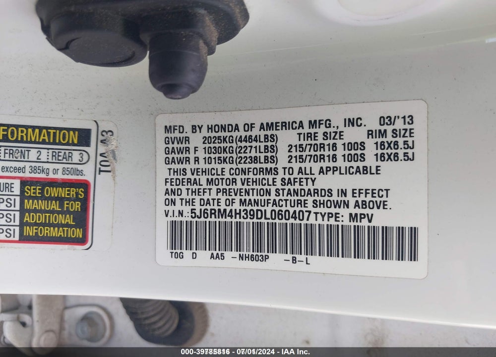 2013 HONDA CR-V LX VIN: 5J6RM4H39DL060407