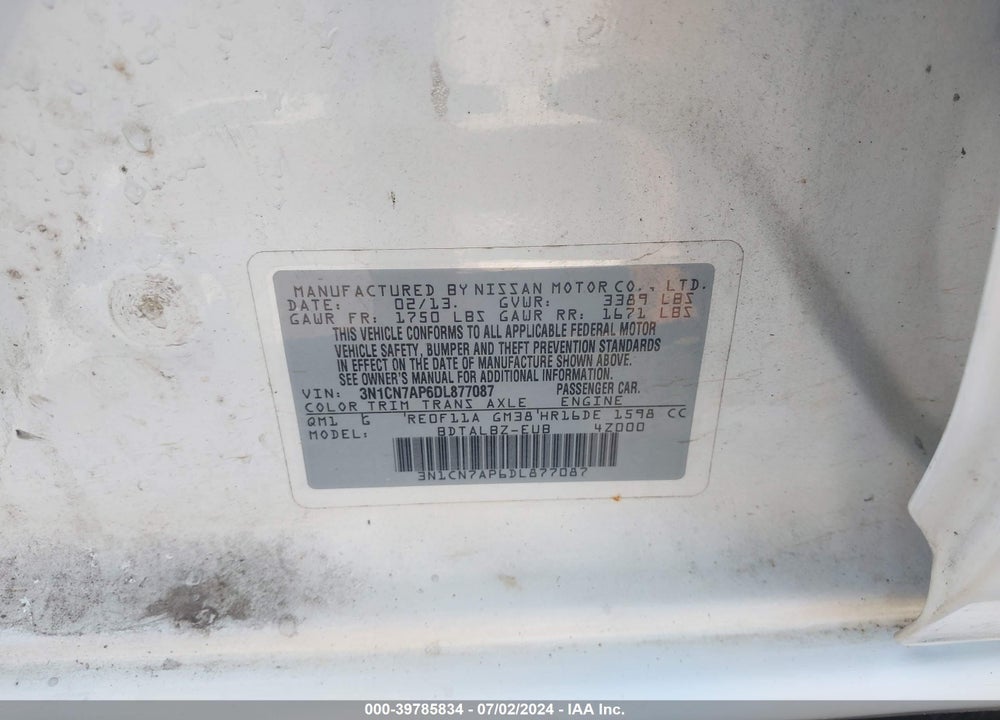 2013 NISSAN VERSA VIN: 3N1CN7AP6DL877087