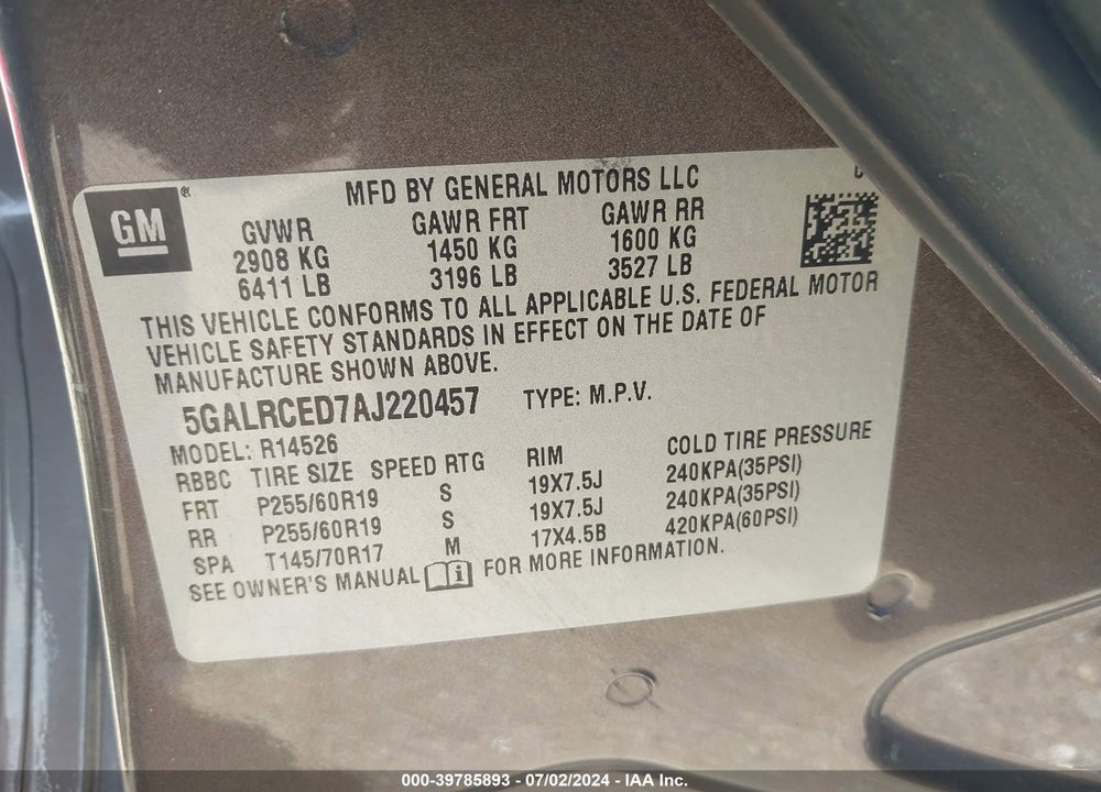 2010 BUICK ENCLAVE 2XL VIN: 5GALRCED7AJ220457