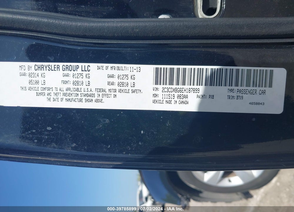 2014 DODGE CHARGER SE VIN: 2C3CDXBG6EH187899