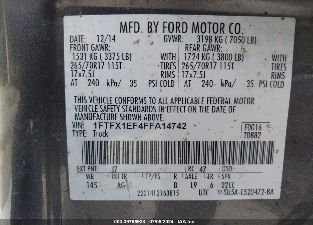 2015 FORD F-150 XL VIN: 1FTFX1EF4FFA14742