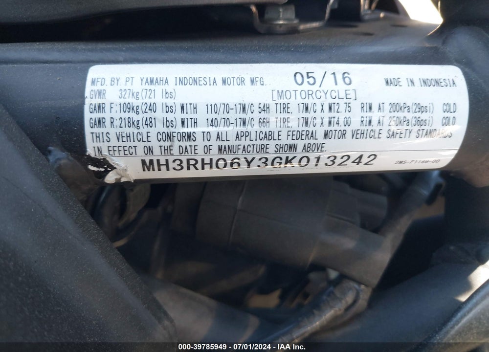 2016 YAMAHA YZFR3 VIN: MH3RH06Y3GK013242