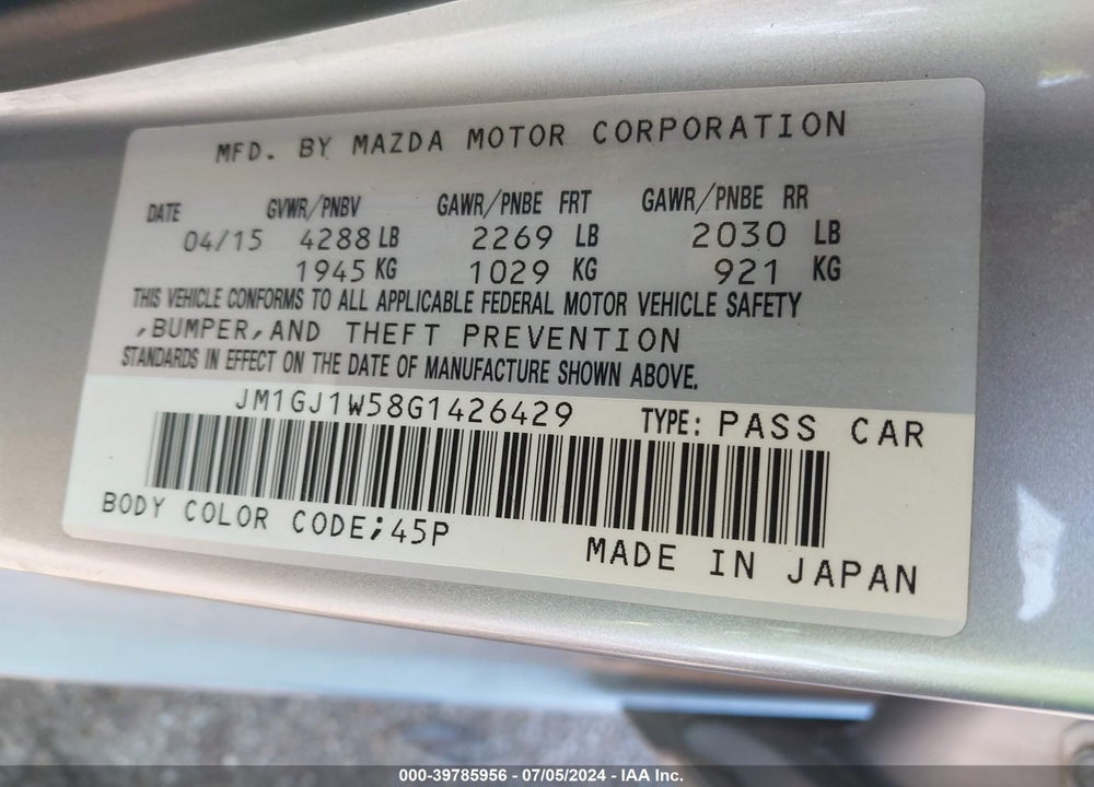 2016 MAZDA 6 I GRAND TOURING VIN: JM1GJ1W58G1426429