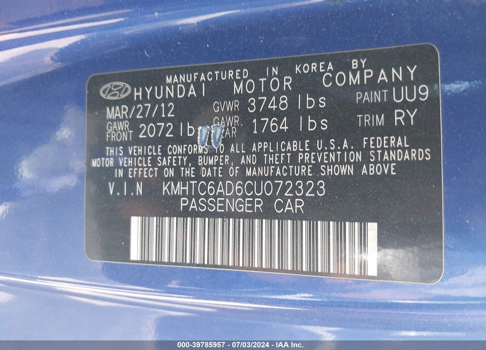 2012 HYUNDAI VELOSTER VIN: KMHTC6AD6CU072323
