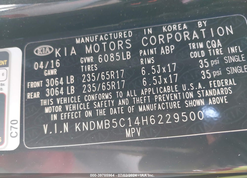 2017 KIA SEDONA LX VIN: KNDMB5C14H6229500