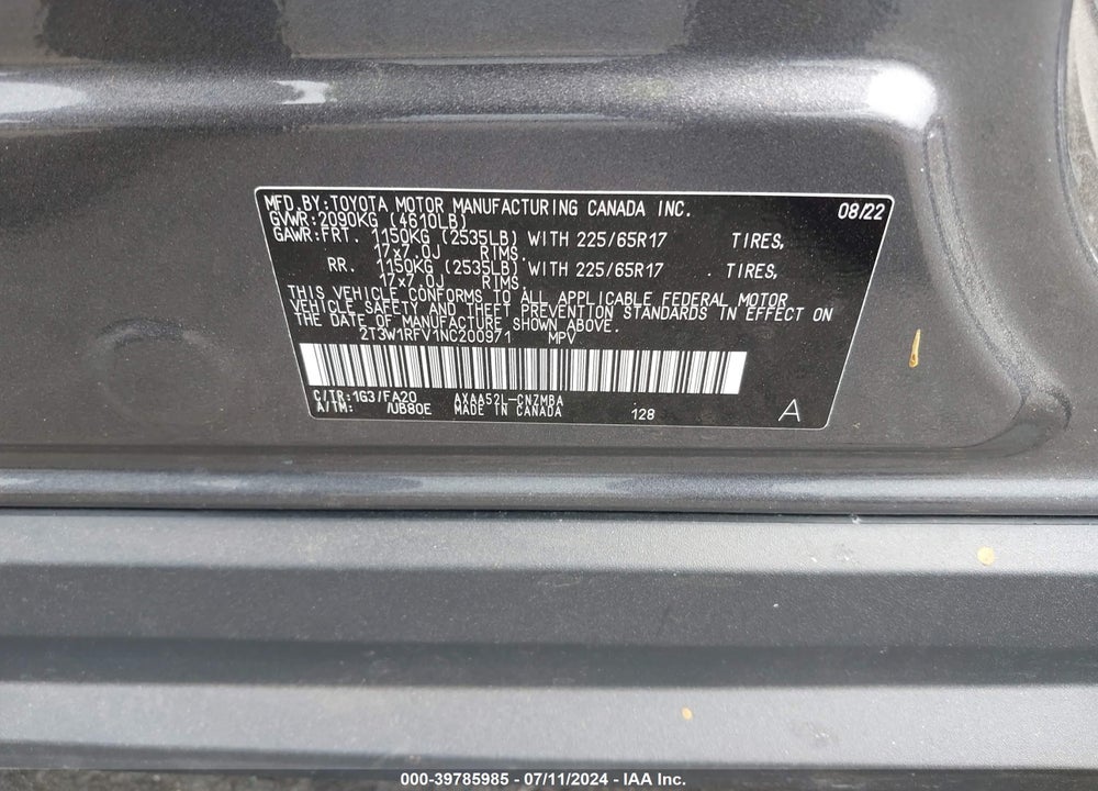 2022 TOYOTA RAV4 XLE VIN: 2T3W1RFV1NC200971