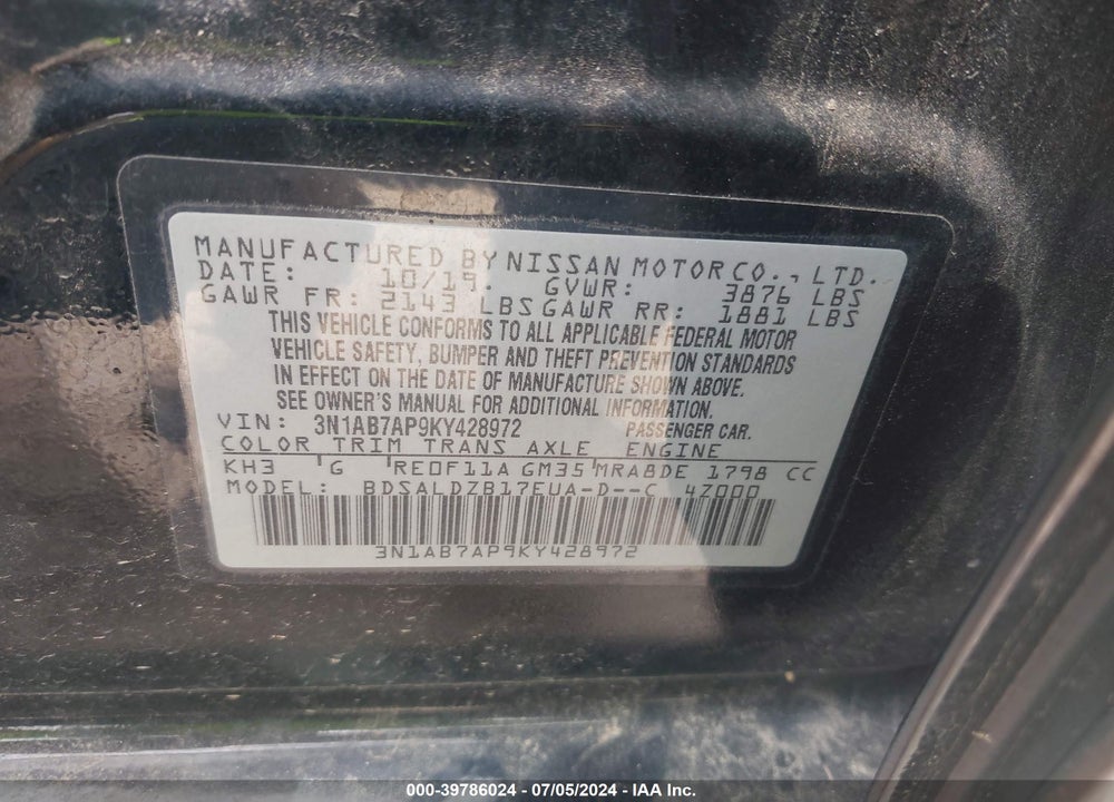 2019 NISSAN SENTRA SV VIN: 3N1AB7AP9KY428972