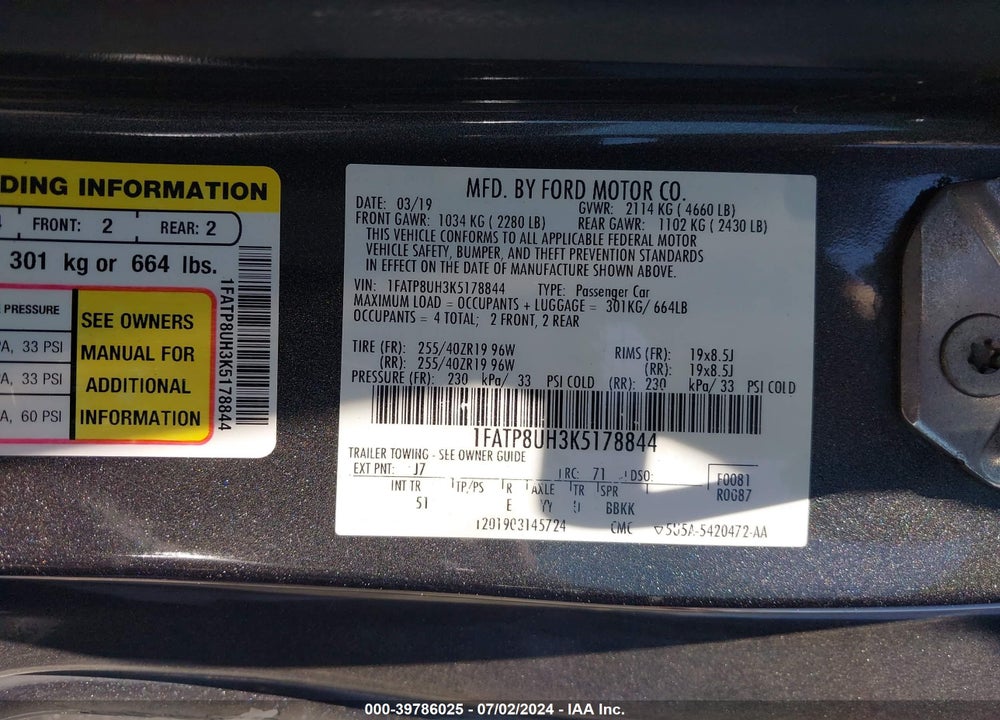 2019 FORD MUSTANG ECOBOOST VIN: 1FATP8UH3K5178844
