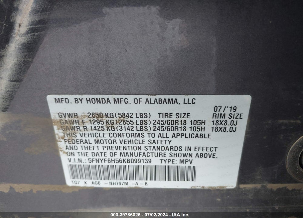2019 HONDA PILOT EX-L VIN: 5FNYF6H56KB099139