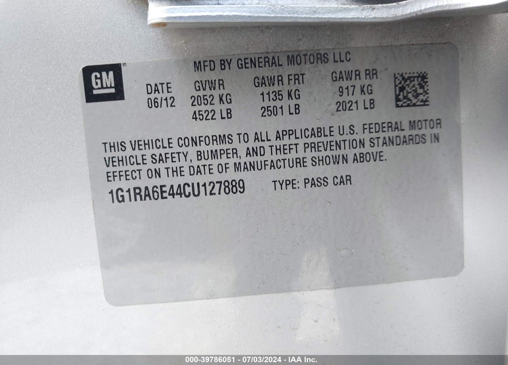 2012 CHEVROLET VOLT VIN: 1G1RA6E44CU127889