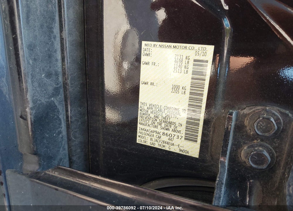 2010 NISSAN MAXIMA 3.5 SV VIN: 1N4AA5AP9AC860737