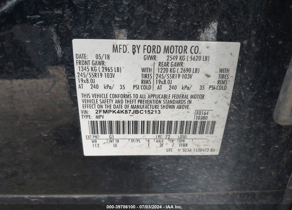 2018 FORD EDGE TITANIUM VIN: 2FMPK4K87JBC15213