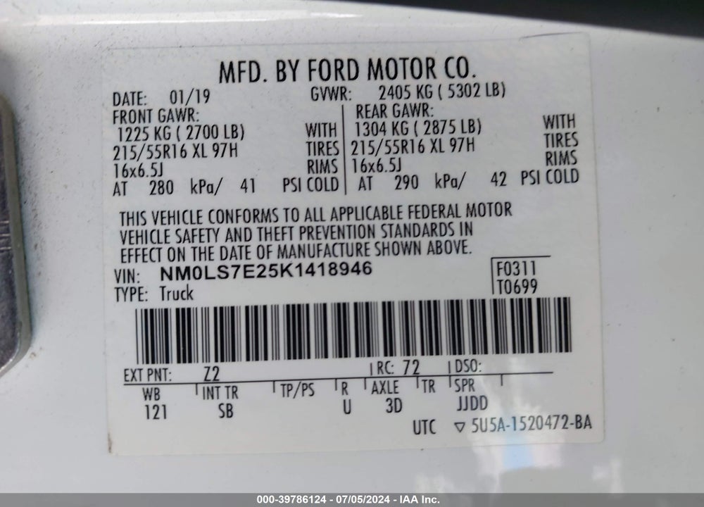 2019 FORD TRANSIT CONNECT XL VIN: NM0LS7E25K1418946