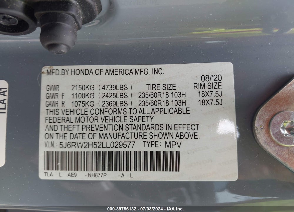 2020 HONDA CR-V AWD EX VIN: 5J6RW2H52LL029577