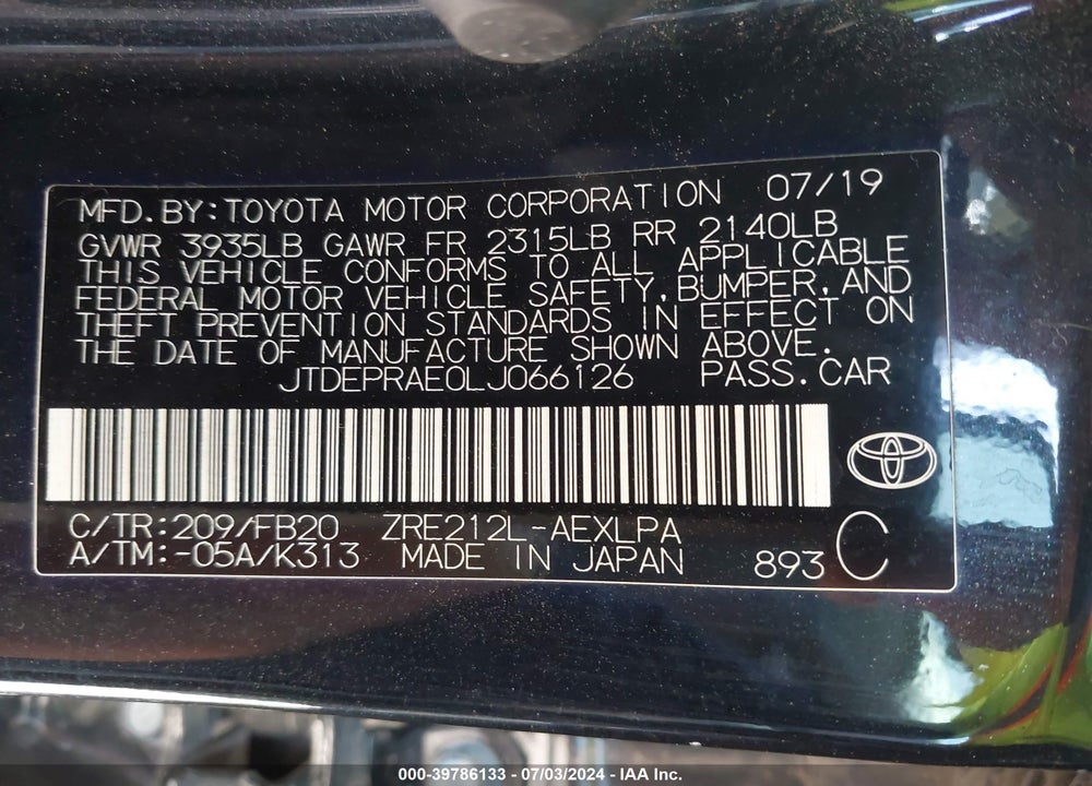 2020 TOYOTA COROLLA VIN: JTDEPRAE0LJ066126