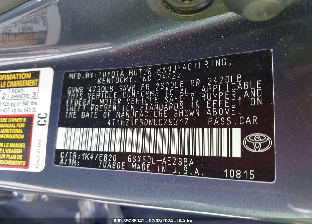 2022 TOYOTA AVALON TOURING VIN: 4T1HZ1FB0NU079317