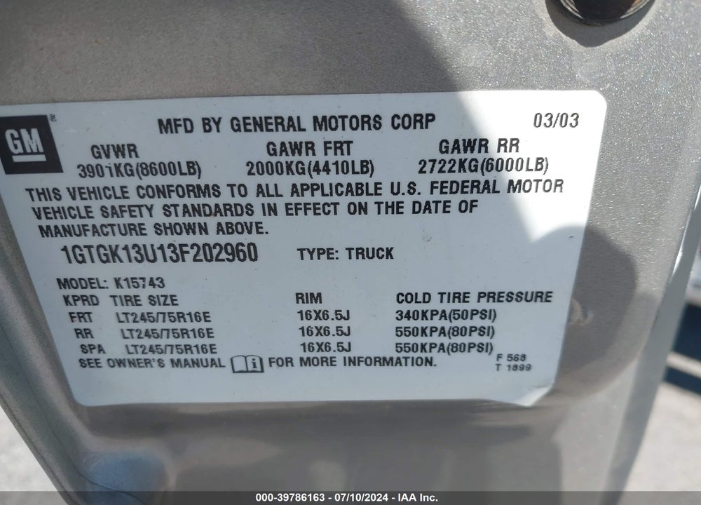 2003 GMC SIERRA 1500HD SLE VIN: 1GTGK13U13F202960