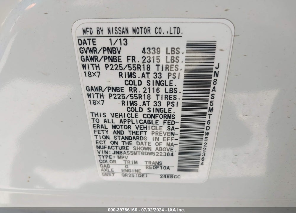 2013 NISSAN ROGUE SV W/SL PKG VIN: JN8AS5MT6DW522364