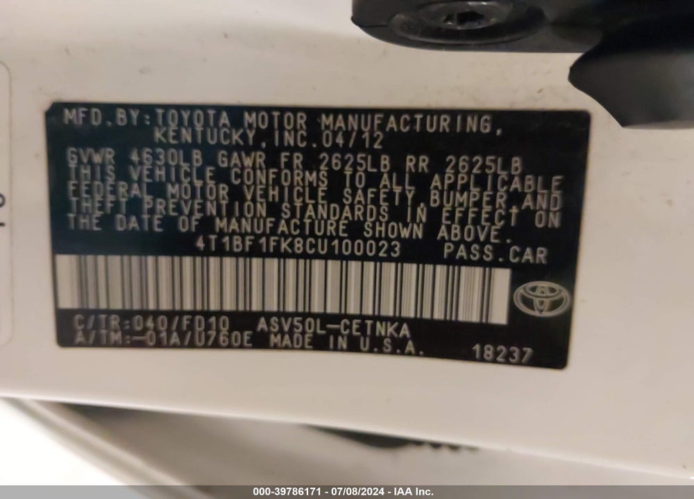 2012 TOYOTA CAMRY LE VIN: 4T1BF1FK8CU100023