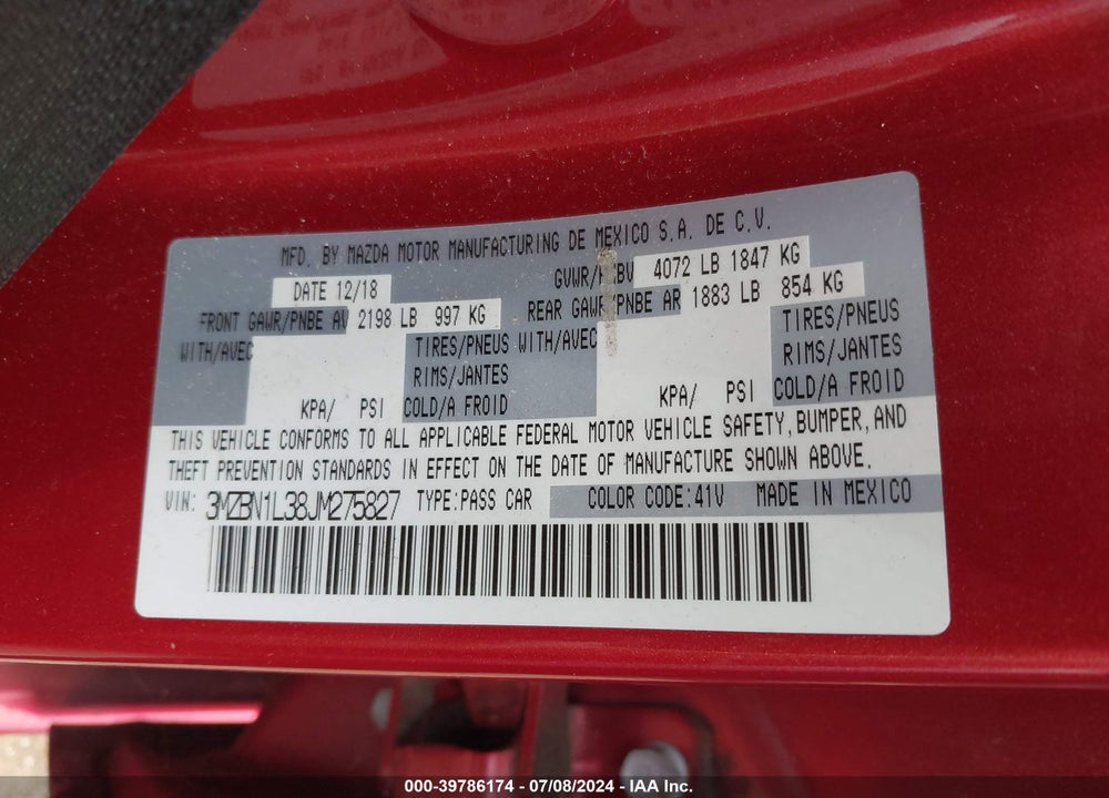 2018 MAZDA 3 TOURING VIN: 3MZBN1L38JM275827