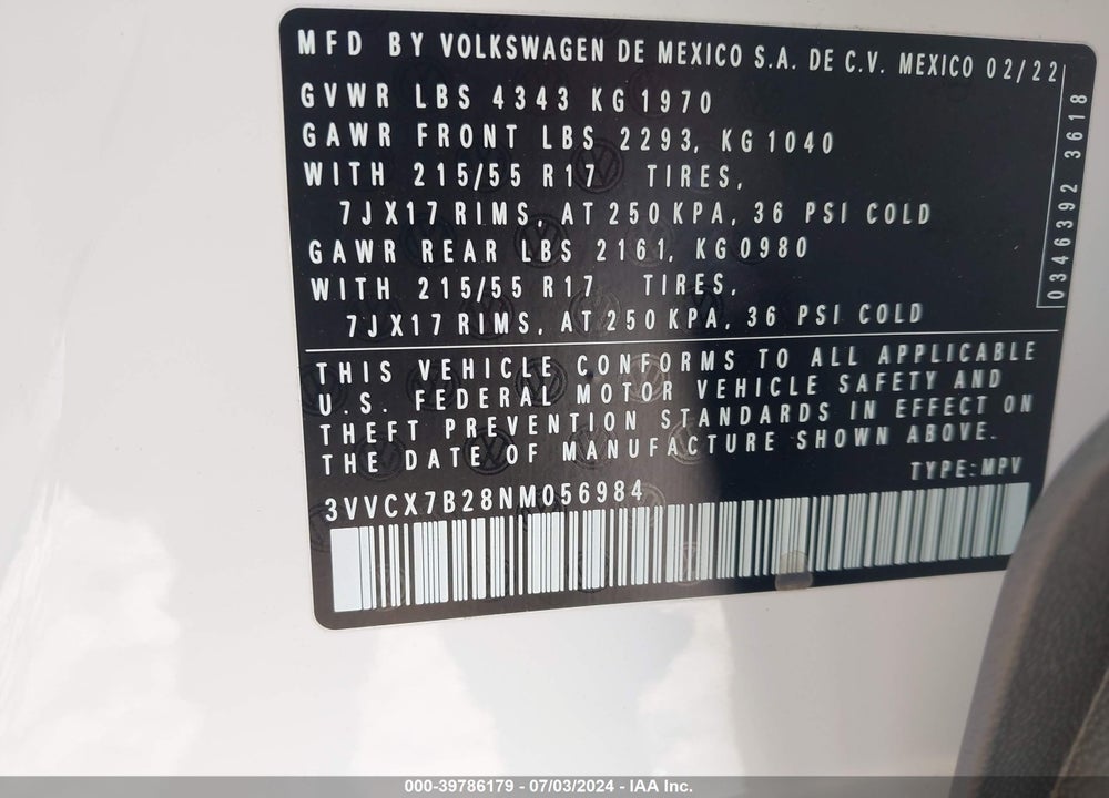 2022 VOLKSWAGEN TAOS 1.5T S VIN: 3VVCX7B28NM056984
