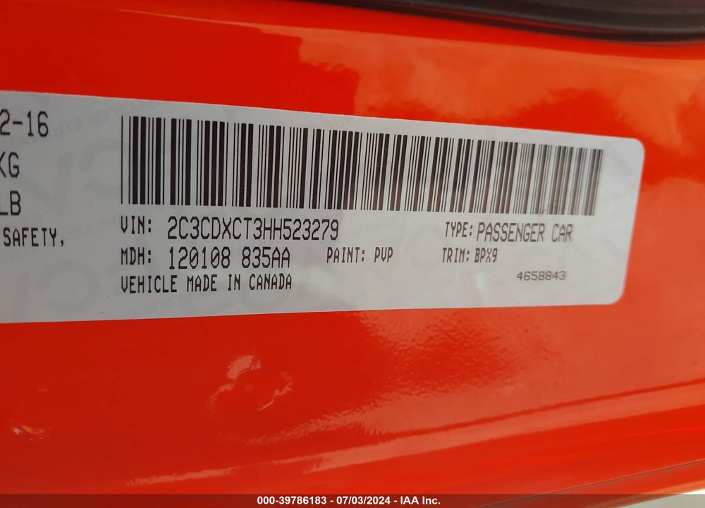 2017 DODGE CHARGER R/T RWD VIN: 2C3CDXCT3HH523279