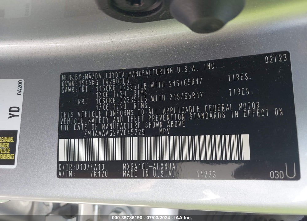 2023 TOYOTA COROLLA CROSS L VIN: 7MUAAAAG2PV045229