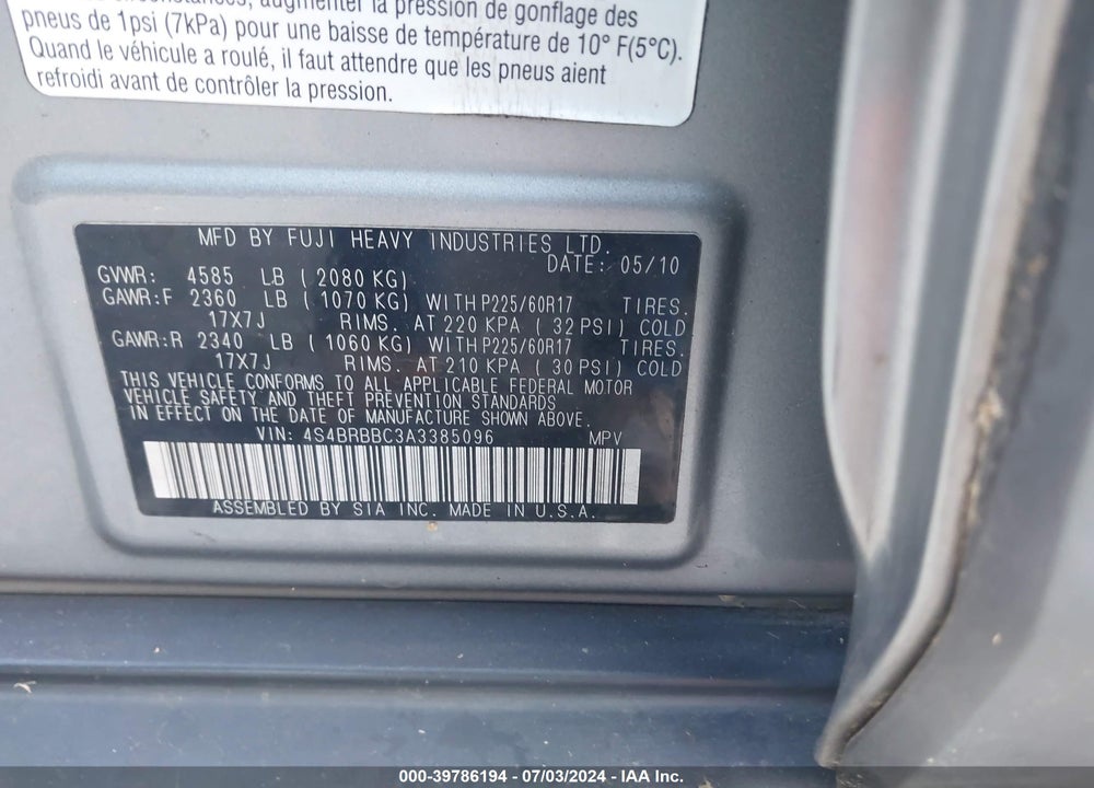 2010 SUBARU OUTBACK 2.5I PREMIUM VIN: 4S4BRBBC3A3385096