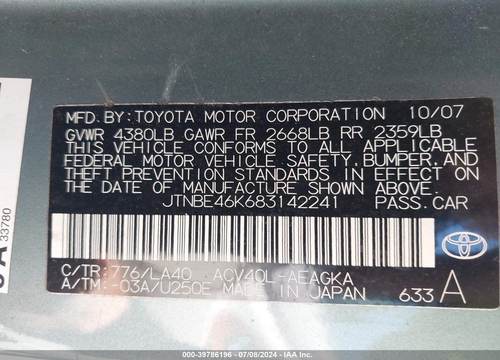 2008 TOYOTA CAMRY XLE VIN: JTNBE46K683142241