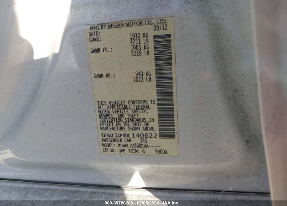 2013 NISSAN ALTIMA 2.5 VIN: 1N4AL3AP4DC140622