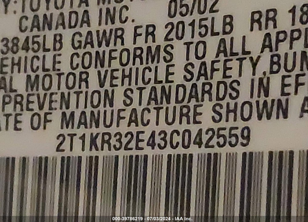 2003 TOYOTA MATRIX/XR VIN: 2T1KR32E43C042559
