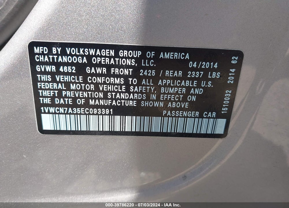 2014 VOLKSWAGEN PASSAT 2.0L TDI SEL PREMIUM VIN: 1VWCN7A35EC093391