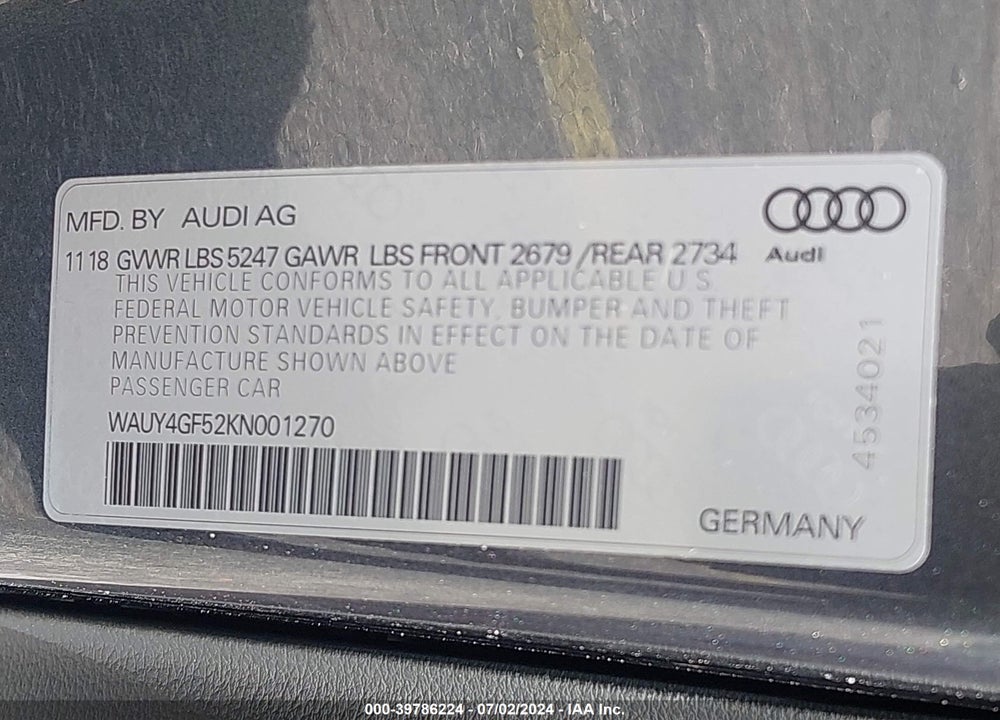 2019 AUDI S5 3.0T PREMIUM PLUS VIN: WAUY4GF52KN001270
