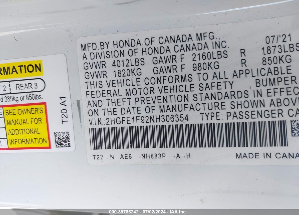 2022 HONDA CIVIC TOURING VIN: 2HGFE1F92NH306354