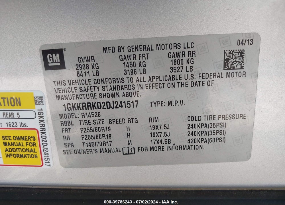 2013 GMC ACADIA SLT-1 VIN: 1GKKRRKD2DJ241517