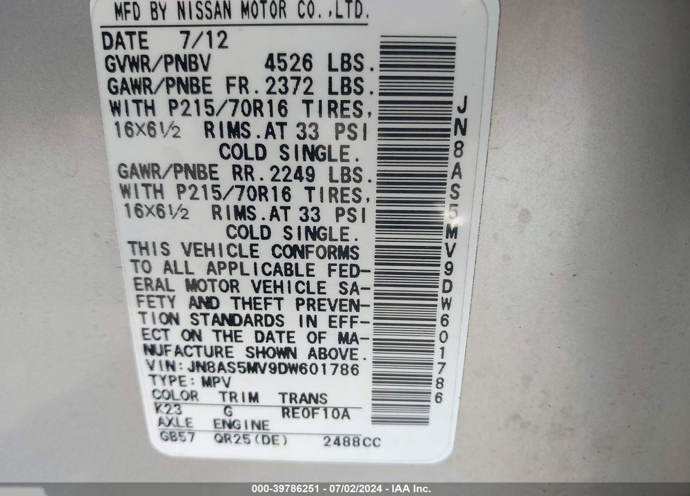 2013 NISSAN ROGUE S VIN: JN8AS5MV9DW601786