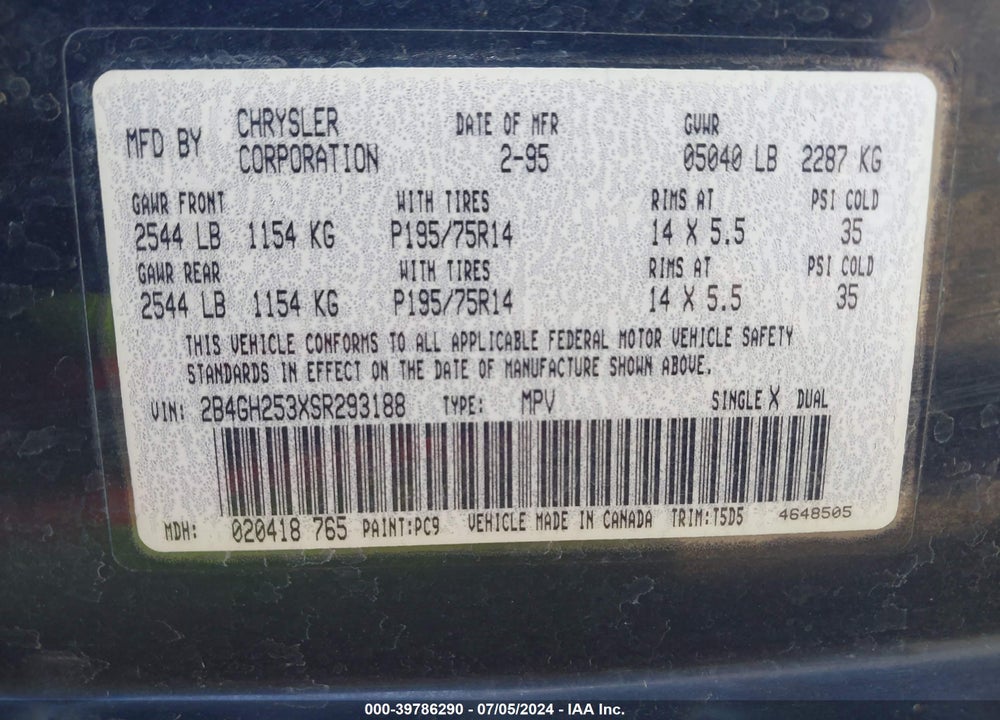 1995 DODGE CARAVAN VIN: 2B4GH253XSR293188