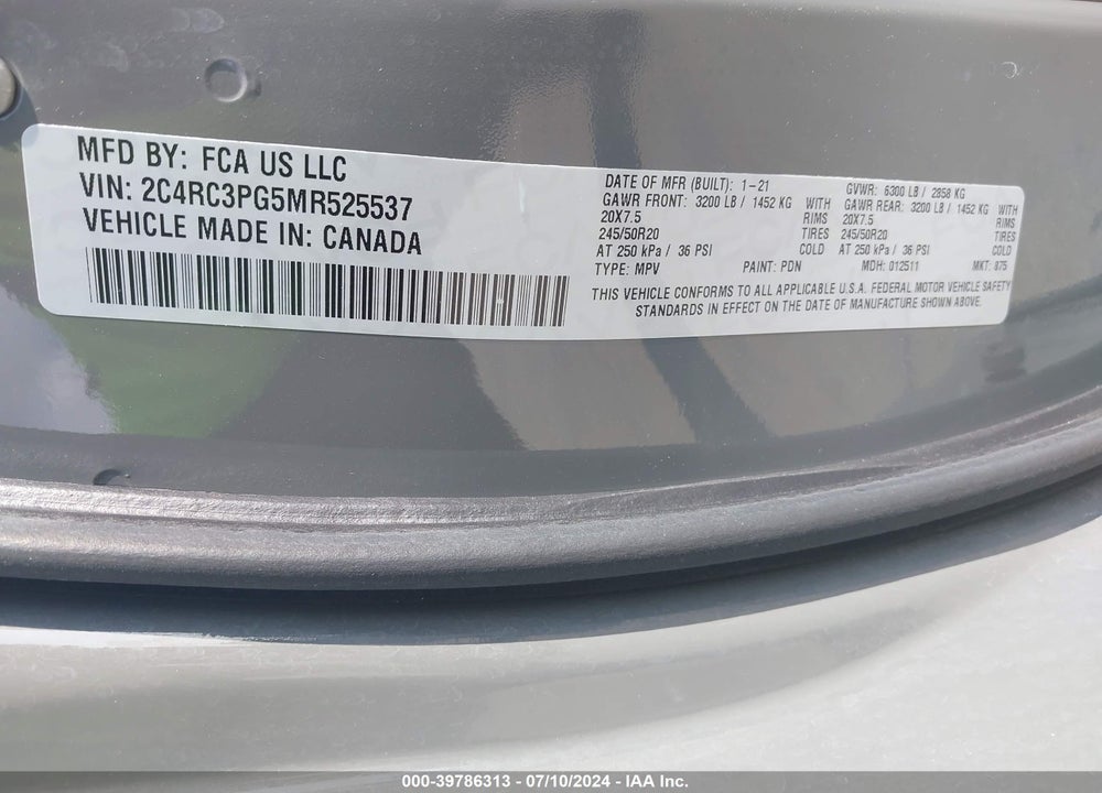 2021 CHRYSLER PACIFICA PINNACLE AWD VIN: 2C4RC3PG5MR525537