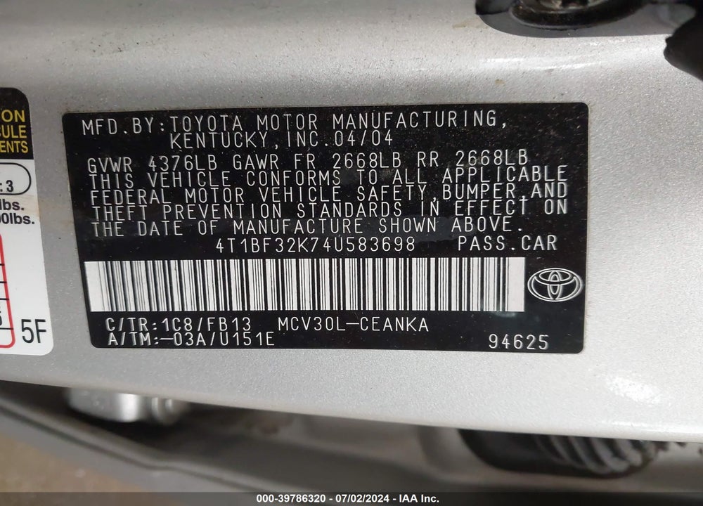 2004 TOYOTA CAMRY LE V6 VIN: 4T1BF32K74U583698