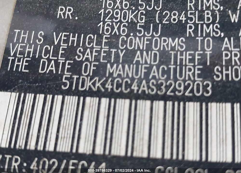 2010 TOYOTA SIENNA VIN: 5TDKK4CC4AS329203