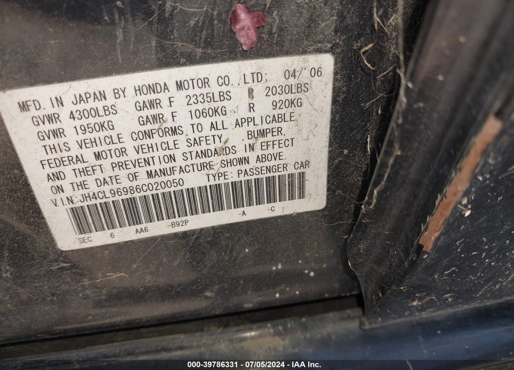 2006 ACURA TSX VIN: JH4CL96986C020050