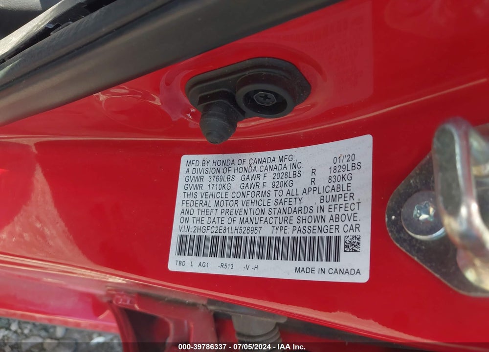 2020 HONDA CIVIC SPORT VIN: 2HGFC2E81LH526957