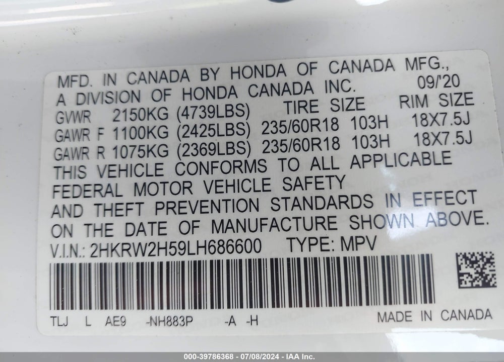 2020 HONDA CR-V AWD EX VIN: 2HKRW2H59LH686600