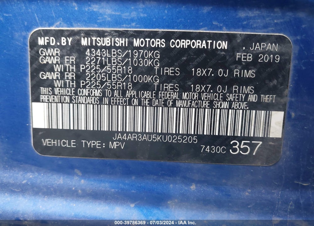 2019 MITSUBISHI OUTLANDER SPORT 2.0 LE VIN: JA4AR3AU5KU025205