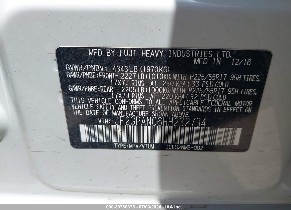 2017 SUBARU CROSSTREK 2.0I LIMITED VIN: JF2GPANC6HH232734